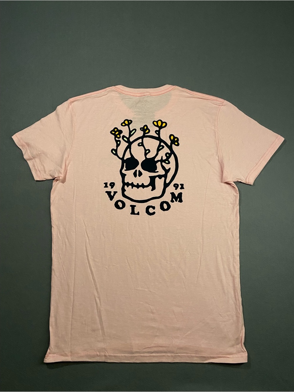 Volcom Pink Tee with Black Skull & Yellow Floral Accents